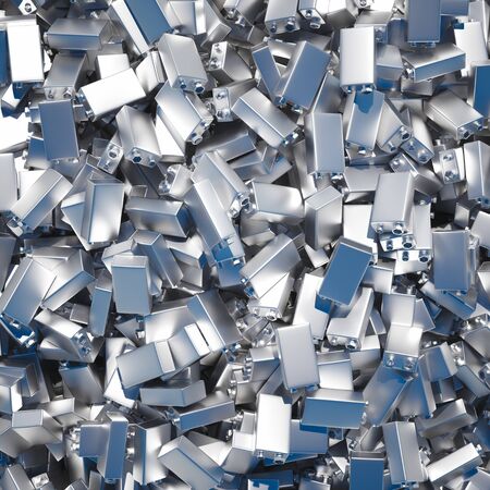 Blank bright chrome 9 volt battery pile under subtle blue daylight rig. Presented from an aerial perspective. This image is a 3d render.の写真素材