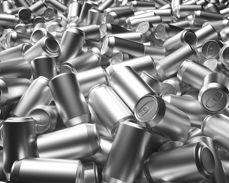 Field of unlabelled shiny metal drink cans under bright studio lighting. This image is a 3d render.の写真素材