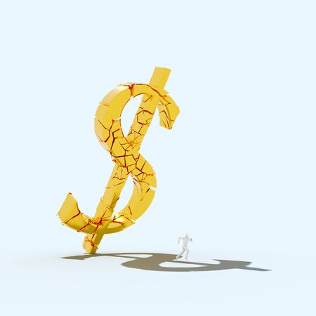 Giant breaking gold dollar symbol falling toward a small figure attempting to outrun it. Presented in an empty white studio space. This image is a 3d render.の写真素材
