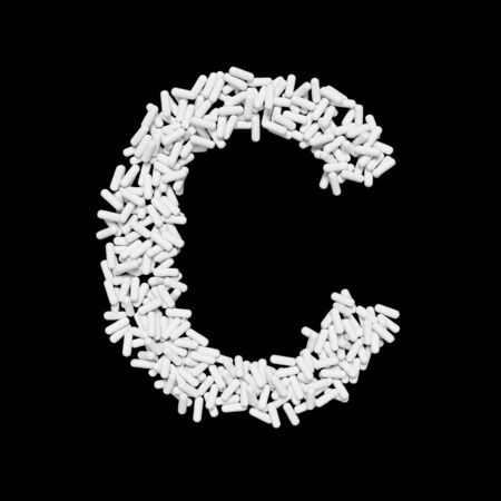 Medical  floating white capsule pills typeface forming the letter C. 3d rendered on a black background.の写真素材