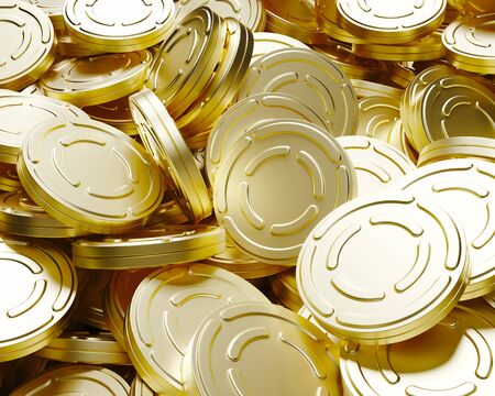 Pile of unlabelled shiny gold film real cans under neat even lighting. This image is a 3d render.の写真素材