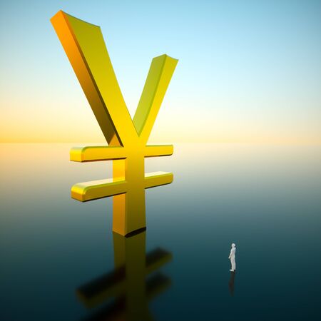Giant gold yen looming over an awestruck small figure standing on a reflective surface under a brilliant blue sky hinting at a sunrise. This image is a 3d render.の写真素材