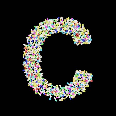 Medical typography floating colorful capsule pills forming the letter C. 3d rendered on a black background.の写真素材