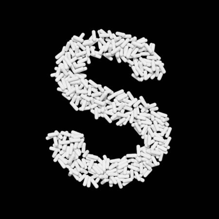 Medical  floating white capsule pills typeface forming the letter S. 3d rendered on a black background.の写真素材
