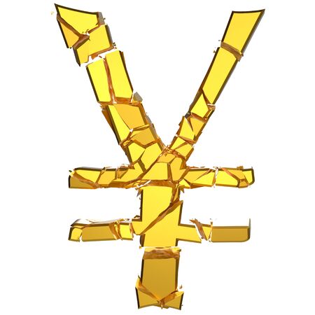 Violently fracturing gold yen sign against a pure white background. This image is a 3d render.の写真素材