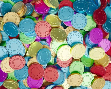 Aerial view of a huge pile of brightly colored blank metal film reel cans under clean studio lighting. This image is a 3d render.の写真素材