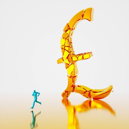 Huge collapsing and fracturing golden pound symbol falling toward a small teal figure running from it. Presented in a reflective gold and white space. This image is a 3d render.の写真素材