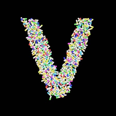 Medical typography floating colorful capsule pills forming the letter V. 3d rendered on a black background.の写真素材