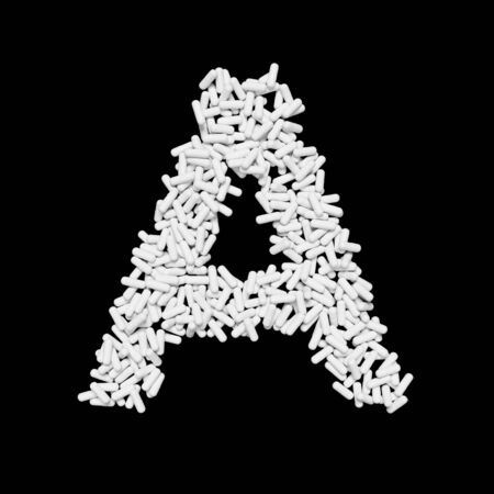 Medical  floating white capsule pills typeface forming the letter A. 3d rendered on a black background.の写真素材