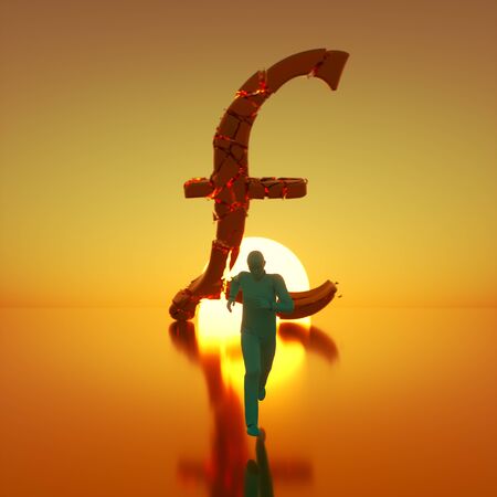 Simple teal figure sprinting toward camera away from a massive fracturing gold pound symbol backlit by a dramatic sunset. This image is a 3d render.の写真素材