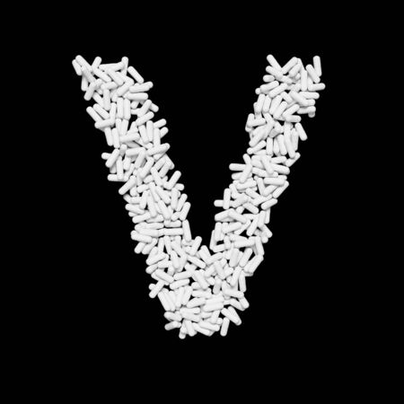 Medical  floating white capsule pills typeface forming the letter V. 3d rendered on a black background.の写真素材