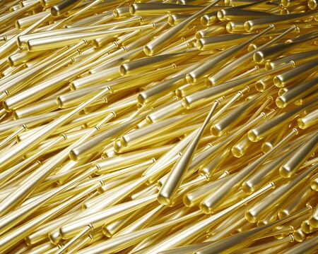 Huge chaotic pile of shiny pure gold baseball bats in wide angle. This image is a 3d render.の写真素材