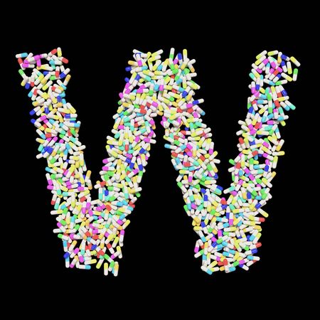 Medical typography floating colorful capsule pills forming the letter W. 3d rendered on a black background.の写真素材