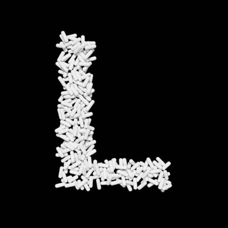 Medical  floating white capsule pills typeface forming the letter L. 3d rendered on a black background.の写真素材