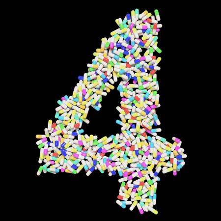 Medical typography floating colorful capsule pills forming the number 4. 3d rendered on a black background.の写真素材