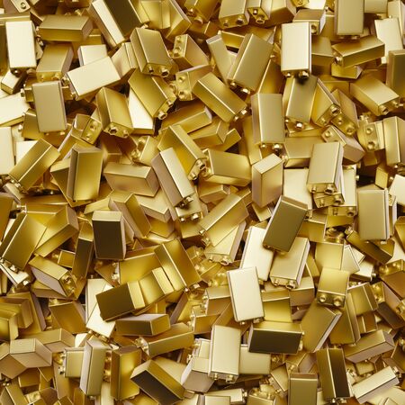 Blank pure gold 9 volt battery pile under clean studio lighting. Presented from an aerial perspective. This image is a 3d render.の写真素材