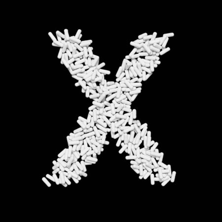 Medical  floating white capsule pills typeface forming the letter X. 3d rendered on a black background.の写真素材