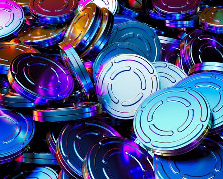 Pile of unlabelled shiny iridescent film real cans under neat even lighting. This image is a 3d...