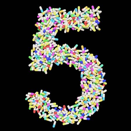 Medical typography floating colorful capsule pills forming the number 5. 3d rendered on a black background.の写真素材