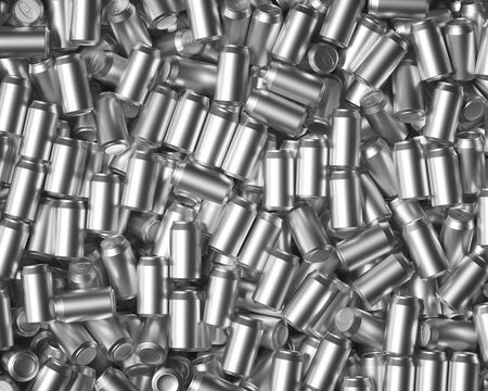 Messy flat pile of blank shiny metal soda cans under bright studio lighting. This image is a 3d...