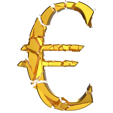 Violently fracturing gold euro sign against a pure white background. This image is a 3d render.の写真素材