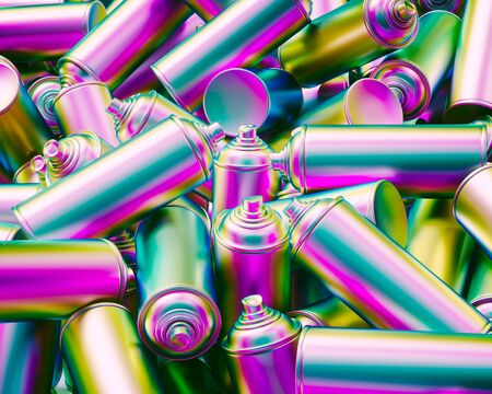 Field of unlabelled iridescent metal spray cans under bright studio lighting. This image is a 3d render.の写真素材
