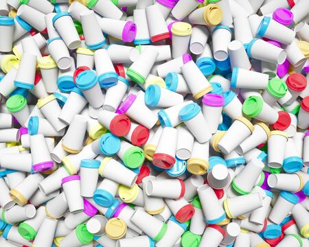 Looking down on a huge pile of haphazardly strewn brightly colored disposable drink cups. This image is a 3d render.の写真素材
