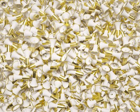 Landscape of tightly packed bright gold megaphones under clean even studio lighting. This image is a 3d render.の写真素材