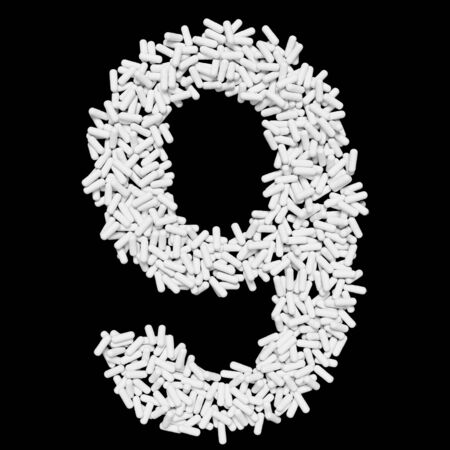 Medical  floating white capsule pills typeface forming the number 9. 3d rendered on a black background.の写真素材