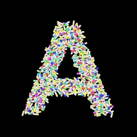 Medical typography floating colorful capsule pills forming the letter A. 3d rendered on a black background.の写真素材