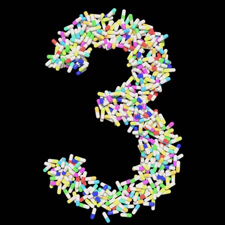 Medical typography floating colorful capsule pills forming the number 3. 3d rendered on a black background.の写真素材