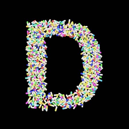 Medical typography floating colorful capsule pills forming the letter D. 3d rendered on a black background.の写真素材