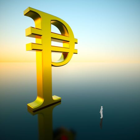 Giant gold peso looming over an awestruck small figure standing on a reflective surface under a brilliant blue sky hinting at a sunrise. This image is a 3d render.の写真素材