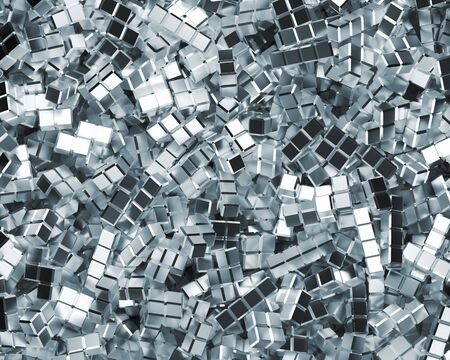 Field of tightly packed shiny steel tetrominoes under bright studio lighting from aerial perspective. This image is a 3d render.の写真素材