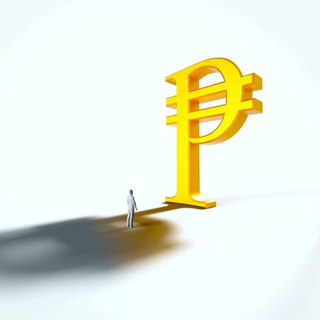 Tiny minimal white figure looking up at a clean gold peso in an empty white space. This image is a 3d render.の写真素材