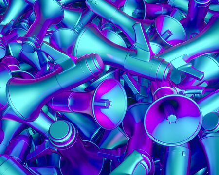 Tightly interlocked pile of shiny iridescent megaphones under bright lighting. This image is a 3d render.の写真素材