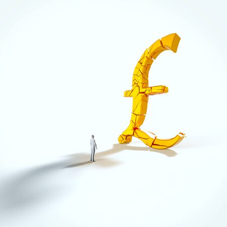 Minimal white figure looking up at a giant fracturing gold pound in an empty white space. This image is a 3d render.の写真素材