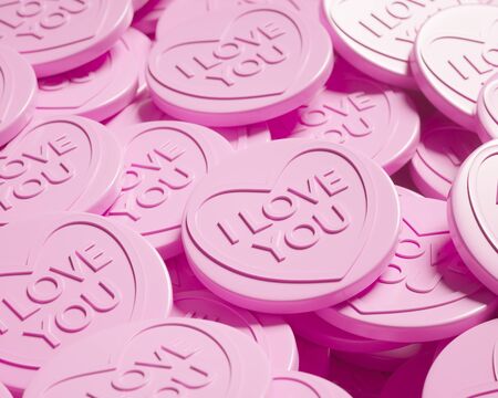 Close up up on a pile of soft pink confectionery with bold dimensions words communicating I Love You. This image is a 3d render.の写真素材
