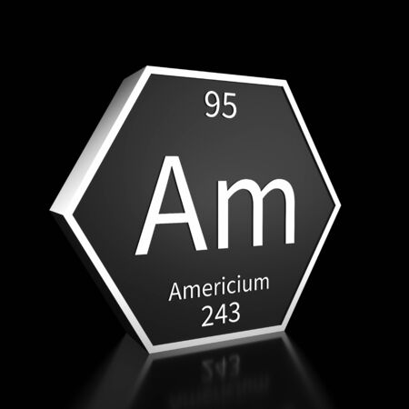 Metal hexagonal block representing the periodic table element Americium. Presented as white text on a black backing plate with a black background. This image is a 3d render.の写真素材