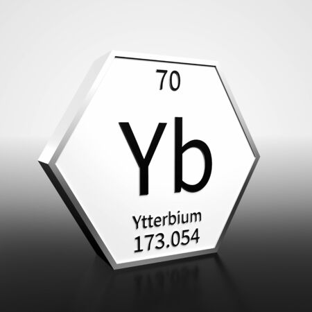 Metal hexagonal block representing the periodic table element Ytterbium. Presented as black text on a white backing plate with a black and white gradient background. This image is a 3d render.の写真素材
