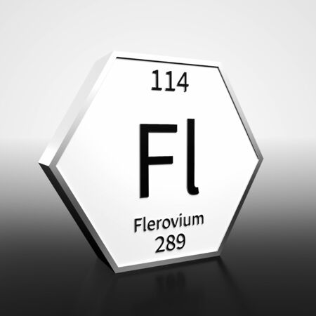 Metal hexagonal block representing the periodic table element Flerovium. Presented as black text on a white backing plate with a black and white gradient background. This image is a 3d render.の写真素材