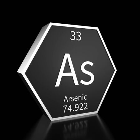 Metal hexagonal block representing the periodic table element Arsenic. Presented as white text on a black backing plate with a black background. This image is a 3d render.の写真素材