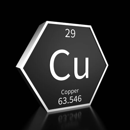 Metal hexagonal block representing the periodic table element Copper. Presented as white text on a black backing plate with a black background. This image is a 3d render.の写真素材