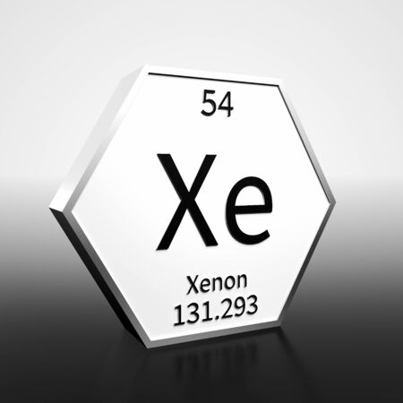 Metal hexagonal block representing the periodic table element Xenon. Presented as black text on a white backing plate with a black and white gradient background. This image is a 3d render.の写真素材