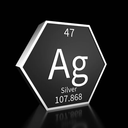Metal hexagonal block representing the periodic table element Silver. Presented as white text on a black backing plate with a black background. This image is a 3d render.の写真素材