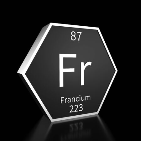 Metal hexagonal block representing the periodic table element Francium. Presented as white text on a black backing plate with a black background. This image is a 3d render.の写真素材