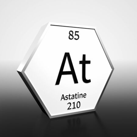 Metal hexagonal block representing the periodic table element Astatine. Presented as black text on a white backing plate with a black and white gradient background. This image is a 3d render.の写真素材