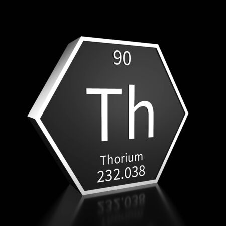 Metal hexagonal block representing the periodic table element Thorium. Presented as white text on a black backing plate with a black background. This image is a 3d render.の写真素材