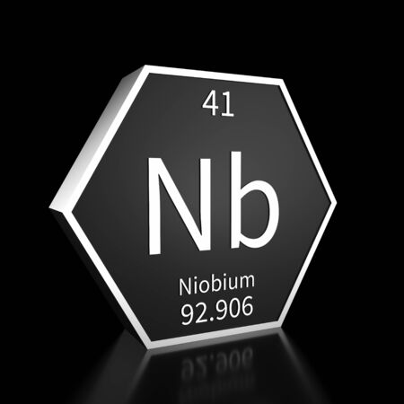 Metal hexagonal block representing the periodic table element Niobium. Presented as white text on a black backing plate with a black background. This image is a 3d render.の写真素材