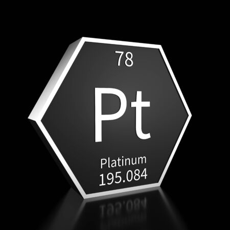 Metal hexagonal block representing the periodic table element Platinum. Presented as white text on a black backing plate with a black background. This image is a 3d render.の写真素材